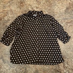3/$16 Susan Graver Top 2X Ruched 3/4 Sleeves Chiffon Button Up Polka Dots Brown